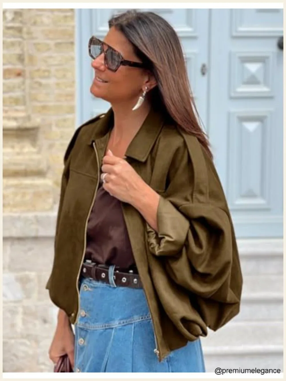 Faux Suede Bomber Jacket Oversized Cropped Batwing Sleeve Lapel Collar Zip Up